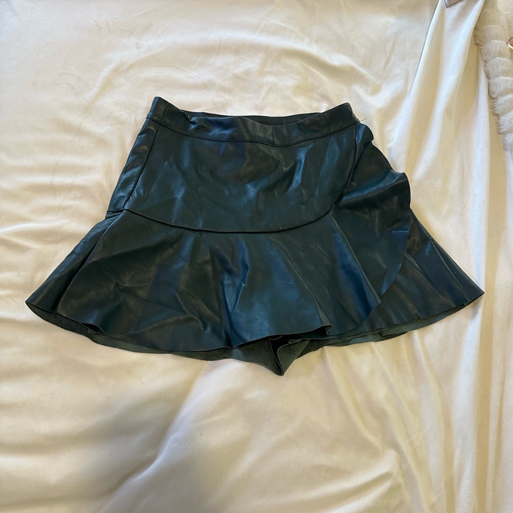 Dark Green Leather Y2K Ruffle Skirt